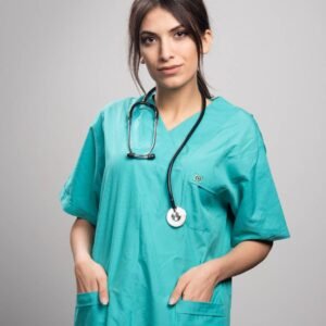female doctor uniform standing gray