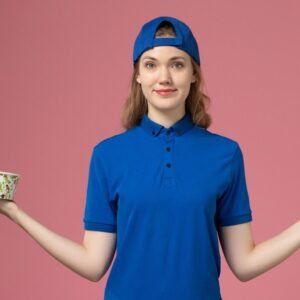 front view female courier blue uniform cape holding delivery bowl pink wall service delivery employee