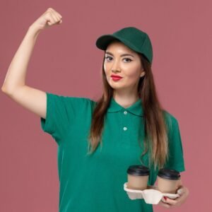front view female courier green uniform cape holding delivery coffee cups pink wall company service job uniform delivery worker 
