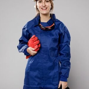 front view smiley female construction worker